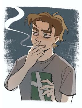 1boy bags_under_eyes box brown_hair cigarette cropped_torso dmitry_bratsky gift green_eyes grey_shirt hashtag-only_commentary highres holding holding_box holding_cigarette holding_gift looking_to_the_side male_focus my_student_spirit ponytail shirt short_hair short_sleeves smoke smoking solo t-shirt thick_eyebrows upper_body yy20251111