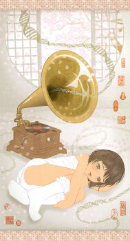 1girl 2020 20s arm_behind_head ass black_eyes blush brown_hair cherry_blossoms dna double_helix dress flower fractal_underground_studio highres kneehighs loli looking_down lying original panties parted_lips petals phonograph pink_flower short_hair sleeveless sleeveless_dress smile socks tree underwear white_dress white_panties white_socks white_theme window