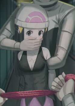 1girl 2boys abduction absurdres arms_behind_back bare_shoulders beanie black_eyes black_hair black_shirt blush breasts cailin020 chromatic_aberration collarbone commission covering_another's_mouth dawn_(pokemon) hair_ornament hairclip hat head_out_of_frame highres holding holding_rope indoors kidnapping long_hair long_sleeves looking_at_viewer matching_hair/eyes medium_breasts multiple_boys nintendo pink_skirt poke_ball_symbol poke_ball_theme pokemon pokemon_dppt pov restrained rope second-party_source shirt sidelocks skirt sleeveless sleeveless_shirt solo_focus standing team_galactic_grunt team_galactic_uniform white_headwear