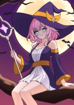 1girl bare_shoulders blue_eyes bokutaaaa breasts coat commentary_request cyrene_(aedes_elysiae)_(honkai:_star_rail) cyrene_(honkai:_star_rail) dress full_moon halloween halloween_costume hat highres holding holding_staff honkai:_star_rail honkai_(series) looking_at_viewer moon multicolored_hair night night_sky pink_hair purple_coat short_hair sitting_on_branch sky small_breasts solo staff thighs two-tone_hair white_dress white_hair witch_hat