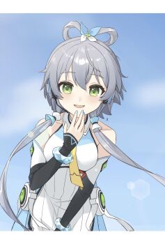 1girl absurdres bad_source bare_shoulders blue_sky breasts detached_sleeves dress feixianji_(hairstyle) green_eyes grey_hair hair_ornament hair_rings hair_tubes hand_to_own_mouth hand_up headphones highres jichuan_lengli lens_flare long_hair looking_at_viewer luo_tianyi medium_breasts necktie open_mouth short_hair_with_long_locks sidelocks sky sleeveless smile solo twintails upper_body vocaloid vsinger_(vocaloid) white_dress yellow_necktie