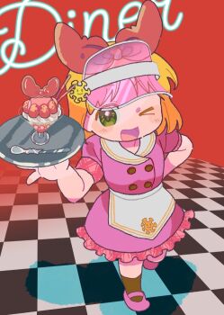 1218hara 1girl annaka_haruna black_socks blonde_hair checkered_floor diner dress food fruit green_eyes hair_ribbon holding holding_plate kamakura_(nichijou) nichijou one_eye_closed parfait pink_dress pink_slippers plate red_background red_ribbon ribbon shadow short_hair slippers socks spoon strawberry visor_cap waitress