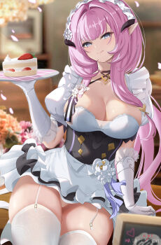 Rule 34 | 1girl, apron, artist name, breasts, cake, cake slice, closed mouth, commentary, cyicheng, elf, elysia (honkai impact), elysia (miss pink) (honkai impact), elysia (miss pink elf) (honkai impact), food, frills, garter belt, gloves, holding, holding plate, honkai (series), honkai impact 3rd, horns, long hair, looking at viewer, maid, maid headdress, panties, pantyshot, patreon username, pink hair, plate, pointy ears, puffy short sleeves, puffy sleeves, short sleeves, smile, solo, strawberry cake, thighhighs, underwear, untranslatable commentary, waist apron, white gloves, white panties, white thighhighs