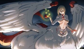 1girl absurdres blonde_hair blood blood_from_mouth blood_on_chest blood_on_hands breasts centauroid commentary dungeon_meshi falin_touden falin_touden_(chimera) feathered_wings feathers highres joe_westbrook large_breasts magic medium_hair monster_girl navel slit_throat solo tail taur white_feathers wings yellow_eyes