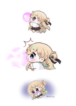 1girl black_skirt blonde_hair blowing_bubble_gum blue_eyes chewing_gum chromatic_aberration commentary from_side hair_ornament highres hue_oo long_hair lynae_(wuthering_waves) multicolored_hair multiple_views shirt skirt skull_hair_ornament streaked_hair symbol-only_commentary tearing_up twitter_username very_long_hair white_shirt wuthering_waves