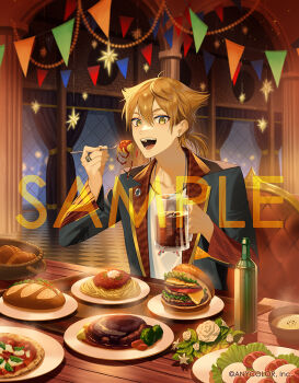 Rule 34 | 1boy, :d, banner, basket, bottle, bowl, brown hair, burger, caprese salad, chair, commentary request, company name, copyright notice, cup, curtains, dolustoy, drink, flower, food, fork, fushimi gaku, fushimi gaku (1st costume), hair between eyes, hamburger steak, holding, holding cup, holding fork, jacket, jewelry, leaf, looking at viewer, male focus, mozzarella (cheese), multiple rings, nijisanji, official art, open clothes, open jacket, open mouth, pasta, pizza, ponytail, ring, sample watermark, shirt, short ponytail, smile, solo, spaghetti, teeth, tomato, tomato slice, tongue, virtual youtuber, watermark, white flower, white shirt, window, yellow eyes