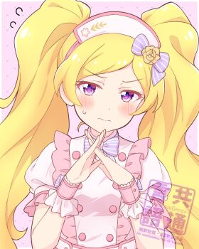 1girl alternate_costume blonde_hair commentary_request dress embarrassed emily_stewart flying_sweatdrops grid_background hair_ornament highres idolmaster idolmaster_million_live! idolmaster_million_live!_theater_days interlocked_fingers kyoutsuugengo long_hair long_sleeves looking_at_viewer nurse official_alternate_costume opera_seria_kiramekiza pink_dress purple_eyes solo sweat twintails upper_body watermark