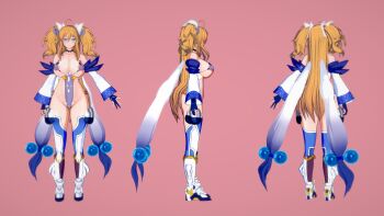 1girl 3d areola_slip artist_request blonde_hair blue_eyes boots breasts reference_sheet covered_erect_nipples curvy fake_screenshot fingerless_gloves full_body gloves highleg highleg_leotard highres huge_breasts large_breasts leotard looking_at_viewer multiple_views onizaki_kirara open_mouth simple_background standing taimanin_(series) taimanin_rpgx thong_leotard twintails upper_body