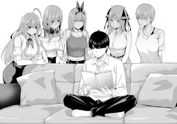 1boy 5girls book breasts butterfly_hair_ornament chicke_iii couch go-toubun_no_hanayome greyscale hair_ornament headphones headphones_around_neck highres holding holding_book indian_style large_breasts long_hair meme monochrome multiple_girls nakano_ichika nakano_itsuki nakano_miku nakano_nino nakano_yotsuba on_couch pants piper_perri_surrounded_(meme) quintuplets scene_reference shirt short_hair siblings sisters sitting skirt surrounded two_side_up uesugi_fuutarou