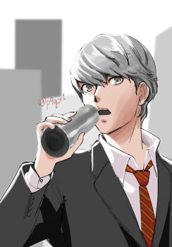 Rule 34 | 1boy, ajirostudio, black jacket, collared shirt, commentary request, diagonal-striped clothes, diagonal-striped necktie, grey eyes, grey hair, holding, jacket, long sleeves, looking at viewer, male focus, narukami yu, necktie, open mouth, persona, persona 4, red necktie, shirt, short hair, solo, striped clothes, twitter username, upper body, white shirt