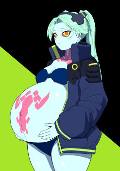 1girl absurdres breasts cleavage colored_sclera cyberpunk:_edgerunners cyberpunk_(series) female_focus green_eyes green_hair highres long_hair looking_at_viewer navel pale_skin pregnant rebecca_(cyberpunk) red_sclera small_breasts solo stark_(shitake) tattoo thick_thighs thighs twintails yuhancyan