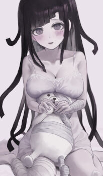 1girl bandaged_arm bandaged_leg bandages bare_shoulders black_hair blush breasts chemise cleavage commentary_request danganronpa_(series) danganronpa_2:_goodbye_despair grey_eyes highres large_breasts long_hair looking_at_viewer mole mole_under_eye monokuma open_mouth shirt shiton_(2016sanhime) sitting smile solo tsumiki_mikan wariza