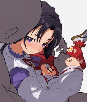 2boys black_hair blush censored closed_mouth clothes_pull flip-flops houjou_tokiyuki_(nige_jouzu_no_wakagimi) kyantama_land long_sleeves looking_at_viewer multiple_boys nige_jouzu_no_wakagimi pants pants_pull penis pinching purple_eyes purple_shirt red_pants sandals shirt simple_background smile socks white_background white_shirt white_sleeves white_socks