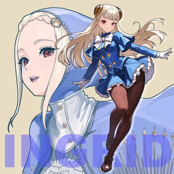 1girl absurdres black_shoes blonde_hair blue_shirt blue_skirt blunt_bangs bow bowtie braid braided_bangs breasts brown_background brown_pantyhose buttons capcom_fighting_jam capelet character_name closed_mouth commentary_request double-breasted drop_shadow dynamic_pose escoffion floating_hair footwear_bow frilled_skirt frills full_body gloves hairpods highres ingrid_(capcom) layered_sleeves lips long_hair long_sleeves looking_at_viewer looking_to_the_side mary_janes multiple_views open_hands open_mouth pantyhose portrait projected_inset purple_capelet red_eyes shirt shoes skirt small_breasts smile solo standing standing_on_one_leg street_fighter street_fighter_6 teeth turtleneck_capelet upper_teeth_only white_bow white_bowtie white_gloves wide_hips yagi_(joe731842)