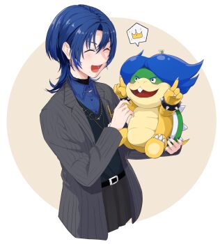 Rule 34 | 1boy, 1girl, absurdres, belt, black belt, black pants, black sweater, blue hair, blue shirt, bracelet, closed eyes, collared shirt, fang, grey jacket, highres, hiodoshi ao, hiodoshi ao (1st costume), hololive, hololive dev is, image in speech bubble, jacket, jewelry, ludwig von koopa, mario (series), medium hair, necklace, nintendo, open mouth, pants, pinstripe jacket, pinstripe pattern, shirt, speech bubble, spiked bracelet, spikes, suit jacket, sweater, turo ta turo, v-neck, virtual youtuber, wolf cut