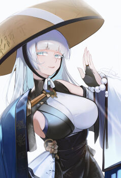 1girl absurdres anizi bead_bracelet beads bracelet breasts colored_eyelashes commentary_request goddess_of_victory:_nikke hat highres jewelry jingasa large_breasts mole mole_on_breast monk nayuta_(nikke) simple_background solo thick_eyelashes unusually_open_eyes white_background white_eyelashes