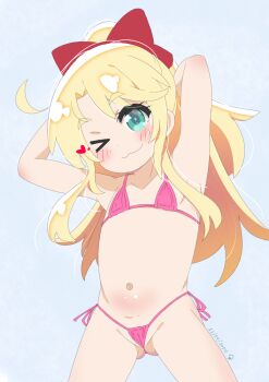 &gt;_o 1girl :3 arbolito arms_behind_head bikini blonde_hair blush closed_mouth commentary cowboy_shot dated english_commentary flat_chest gluteal_fold green_eyes groin heart highres himesaka_noa loli long_hair looking_at_viewer navel one_eye_closed pink_bikini side-tie_bikini_bottom smile solo standing string_bikini swimsuit watashi_ni_tenshi_ga_maiorita!