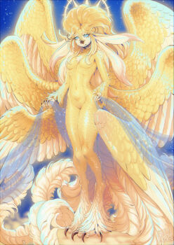 1girl absurdres angel angel_wings beak bird_girl blackberreh-art claws commentary completely_nude english_commentary feathered_wings feathers full_body furry furry_female glowing glowing_eyes hair_over_breasts halo halo_behind_head hazbin_hotel hellaverse highres long_eyelashes multiple_wings navel nude see-through_clothes see-through_shawl shawl solo speaker_of_god_(hazbin_hotel) stomach talons wings yellow_feathers