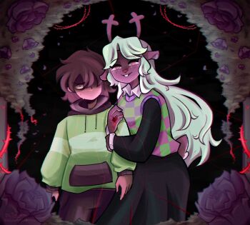 Rule 34 | 1girl, 1other, animal ears, antlers, black skirt, black sleeves, blonde hair, brown hair, buck teeth, checkered sweater vest, commentary, deer antlers, deer ears, deer girl, deltarune, english commentary, flower, green hoodie, hair over one eye, highres, holding another's arm, hood, hoodie, horns, jewelry, kris (deltarune), long hair, long sleeves, noelle holiday, red eyes, red flower, ring, short hair, skirt, smile, stephsartlab, striped clothes, striped hoodie, sweat, teeth, thorns, utdr (toby fox), very long hair, weird route (deltarune)