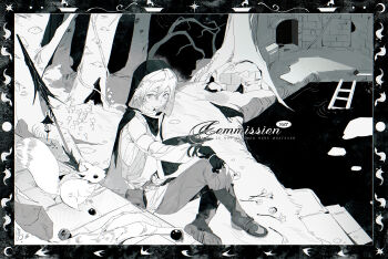 1boy animal bag bare_tree bird boots border closed_mouth commission expressionless fingerless_gloves gloves hai_yexing_ren hair_between_eyes highres hood hood_up ladder long_sleeves looking_at_viewer male_focus mihuashi_commission monochrome original outdoors pants pointy_ears polearm short_hair sitting solo squirrel tree water watermark weapon