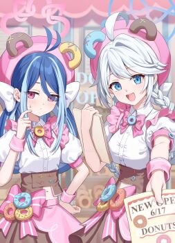 2girls absurdres antenna_hair blue_archive blue_eyes blue_hair blue_halo bow bowtie braid breasts donut food food-themed_hat fubuki_(blue_archive) fubuki_(idol)_(blue_archive) halo hat highres idol_clothes kirino_(blue_archive) kirino_(idol)_(blue_archive) long_hair looking_at_viewer medium_breasts multicolored_hair multiple_girls navel official_alternate_costume pink_bow pink_bowtie pink_eyes pink_halo pink_hat pink_wrist_cuffs puffy_short_sleeves puffy_sleeves shirt short_sleeves simoumi_217 small_breasts streaked_hair swept_bangs twin_braids very_long_hair white_hair white_shirt wrist_cuffs