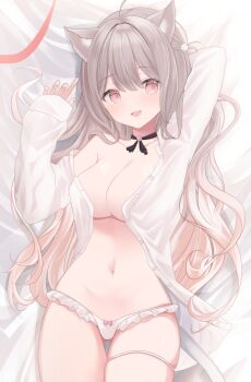 1girl ahoge animal_ear_fluff animal_ears arm_pillow bed_sheet black_choker bow bow_panties breasts cat_ears cat_girl cat_tail choker commentary_request commission cowboy_shot double-parted_bangs dress_shirt fingernails frilled_panties frills from_above gluteal_fold gradient_hair grey_hair hair_between_eyes hair_ornament highres indie_virtual_youtuber kurage_cc large_breasts legs_together light_blush light_brown_hair long_hair long_sleeves looking_at_viewer lying micro_panties mole mole_under_eye multicolored_hair nail_polish navel off_shoulder on_back open_clothes open_mouth open_shirt panties pink_eyes pink_nails pom_pom_(clothes) pom_pom_hair_ornament shiny_skin shirt skeb_commission skindentation sleeves_past_wrists smile solo tail thigh_strap tongue uise_iu underwear very_long_hair virtual_youtuber white_panties white_shirt