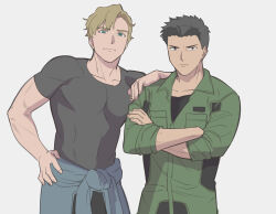 Rule 34 | 2boys, ao isami, black hair, blonde hair, closed mouth, clothes around waist, cowboy shot, crossed arms, green jumpsuit, grey background, grey shirt, hand on another&#039;s shoulder, hand on own hip, jumpsuit, lewis smith, light frown, looking at viewer, male focus, multiple boys, muscular, muscular male, shirt, short hair, simple background, sweater, sweater around waist, tight clothes, tight shirt, umai kinako, yuuki bakuhatsu bang bravern