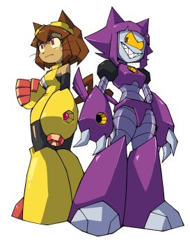 2girls animal_ears brown_hair cat_ears cat_girl cat_tail claws commentary dark-skinned_female dark_skin english_commentary furry furry_female gameoverse gauntlets goggles goggles_on_head grin highres kit_bodega malice_(gameoverse) maxoke mechanical_arms mechanical_legs multiple_girls one-eyed red_eyes sharp_teeth short_hair smile tail teeth whiskers white_background yellow_gauntlets