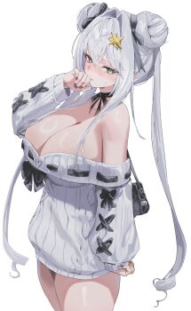 1girl absurdres bag bare_shoulders black_bag black_bow black_nails blush bow breasts cleavage closed_mouth collarbone commentary_request commission cosplay covering_own_mouth double_bun from_side furrowed_brow green_eyes hair_between_eyes hair_bow hair_bun hair_intakes hair_ornament handbag highres hyua hyua_(cosplay) indie_virtual_youtuber korean_commentary krabking large_breasts long_hair long_sleeves looking_at_viewer looking_to_the_side nail_polish neck_ribbon off-shoulder_sweater off_shoulder original ribbed_sweater ribbon ribbon-trimmed_sweater sidelocks single_sleeve_past_wrist solo standing star_(symbol) star_hair_ornament sweatdrop sweater thighs twintails very_long_hair virtual_youtuber white_hair