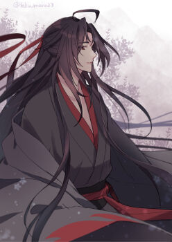 1boy ahoge bishounen black_hair black_hanfu chinese_clothes closed_mouth coat fduki_maro grey_coat hair_down hair_ribbon half_updo hanfu highres leaf long_hair long_sleeves looking_to_the_side male_focus modao_zushi off_shoulder official_alternate_costume official_alternate_hairstyle open_clothes open_coat outdoors profile red_eyes red_ribbon red_sash ribbon robe sash sidelocks smile solo tree twitter_username upper_body very_long_hair wei_wuxian wei_wuxian_(yiling_laozu) wide_sleeves