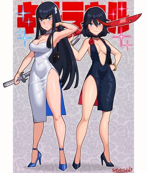 2girls absurdres alternate_costume armpits bakuzan black_choker black_dress black_hair black_shoes blue_eyes blue_shoes breasts choker cowl_neck dress earrings evening_gown flower high_heels highres holding holding_behind_back holding_sword holding_sword_behind_back holding_weapon holding_weapon_behind_back hoop_earrings jewelry kill_la_kill kiryuuin_satsuki long_hair matoi_ryuuko multicolored_hair multiple_girls over_shoulder plunging_neckline red_flower red_hair red_rose rose sarukaiwolf scissor_blade_(kill_la_kill) shoes short_hair side_slit silver_choker silver_dress skirt streaked_hair sword sword_over_shoulder thick_eyebrows two-tone_hair weapon weapon_over_shoulder
