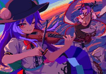 2girls artist_name biwa_lute black_skirt blue_hair blue_skirt bow bowtie brodall_pixel capelet closed_mouth cloud commentary floating frills gradient_sky hat hinanawi_tenshi holding holding_instrument holding_violin instrument kaname-ishi long_hair long_sleeves looking_at_viewer lute_(instrument) medium_hair multiple_girls music nagae_iku one_eye_closed peach_hat_ornament pixel_art playing_instrument purple_hair red_bow red_bowtie red_eyes shirt short_sleeves skirt sky smile touhou twilight violin white_capelet white_shirt
