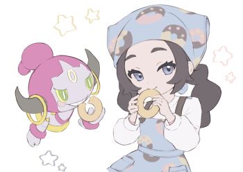 1girl ansha_(pokemon) apron blue_apron blue_eyes commentary donut eyelashes food food_print gen_6_pokemon hands_up highres holding holding_donut holding_food hoopa hoopa_(confined) legendary_pokemon long_hair long_sleeves looking_at_viewer mythical_pokemon nintendo poe_(528yuzunon) pokemon pokemon_(creature) pokemon_legends:_z-a print_apron shirt star_(symbol) symbol-only_commentary white_background white_shirt