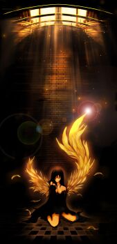 Rule 34 | 1girl, absurdres, bad id, bad pixiv id, black hair, breasts, closed eyes, dress, female focus, highres, light, pixiv fantasia, pixiv fantasia 1, sitting, solo, stairs, taron (tatataron), wings