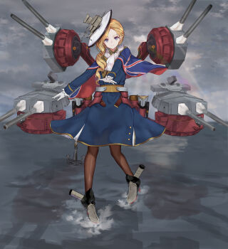 1girl a4a4a absurdres anchor ascot azur_lane black_pantyhose blonde_hair blue_capelet blue_dress blue_eyes cannon capelet dress earrings frilled_ascot frills gloves hair_over_shoulder hat highres hood_(azur_lane) jewelry long_hair looking_at_viewer medium_dress missile_pod outdoors outstretched_hand pantyhose rigging ship_turret smile solo standing standing_on_liquid union_jack union_jack_print white_gloves