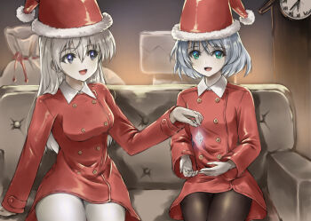 2girls alternate_costume armchair black_pantyhose chair christmas clock dress eila_ilmatar_juutilainen green_eyes grey_hair hat highres holding indoors long_hair looking_at_another memory_(prophet5) multiple_girls open_mouth pantyhose sack santa_costume santa_dress santa_hat sanya_v._litvyak sitting strike_witches white_hair white_pantyhose world_witches_series