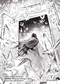 Rule 34 | 1boy, architecture, artist name, bug, butterfly, chinese clothes, commentary, copyright name, doorway, east asian architecture, english commentary, from behind, from below, greyscale, hair bun, hair ribbon, hanfu, hat, hat on back, insect, long hair, long sleeves, male focus, monochrome, official art, open door, ribbon, rice hat, single hair bun, solo, standing, tianguan cifu, too many, too many butterflies, watermark, white hanfu, white ribbon, wide sleeves, xie lian, zelda c wang