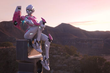 1girl 3d arcee autobot blender_(medium) blue_eyes colored_skin glowing glowing_eyes helmet highres holding holding_leg humanoid_robot kevin_lumoindong letter metal_skin robot robot_girl science_fiction sitting solo sunset transformers white_skin