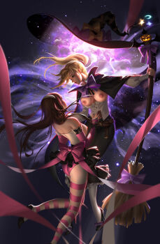 2girls absurdres ass aura back_bow belt blonde_hair bow bowtie breasts breasts_out broom brown_hair buttons cape collar d.va_(overwatch) dark_background eye_contact facial_mark floating frilled_collar frills happy_halloween hat high_heels highres liang_xing long_skirt looking_at_another looking_down magic mercy_(overwatch) multiple_girls nipples overwatch overwatch_1 pantyhose parted_lips ribbon skirt striped_legwear whisker_markings witch witch_hat yuri