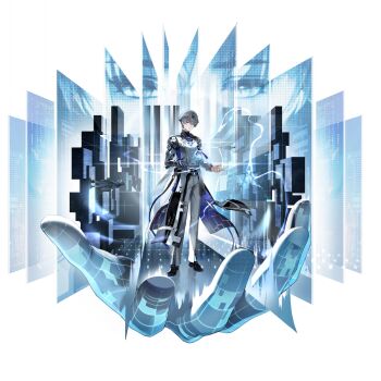 1boy black_shoes blonde_hair blue_eyes closed_mouth coat earrings electricity full_body hair_between_eyes hand_up highres jewelry looking_at_viewer male_focus mechanical_arms mechanical_hands multicolored_coat multiple_views official_art pants parted_bangs reflective_floor shoes single_mechanical_arm single_mechanical_hand solo standing stud_earrings tacet_mark_(wuthering_waves) transparent_background white_coat white_pants wuthering_waves xiangli_yao_(wuthering_waves)