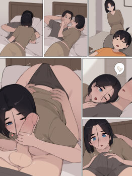 Rule 34 | 1girl, 2boys, 69, akiyama ryosuke (pepper0), akiyama yuko (pepper0), akiyama yuto (pepper0), bed, bedroom, black hair, blue eyes, bulge, censored, clothing aside, erection, erection under clothes, highres, mosaic censoring, multiple boys, original, panties, panties aside, penis, penis grab, pepper0, shirt, sleeping, testicle grab, underwear