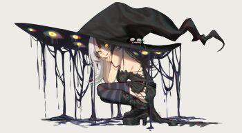 1girl absurdres alternate_costume black_choker black_dress black_hair black_nails boots breasts choker cleavage dress extra_eyes glowing glowing_eye glowing_eyes grey_hair hair_ornament hat high_heel_boots high_heels highres hololive hololive_english ink large_breasts levvimi long_hair looking_at_viewer multicolored_hair oversized_hat shiori_novella simple_background smile solo split-color_hair striped_clothes striped_thighhighs thighhighs two-tone_hair virtual_youtuber white_background witch witch_hat yellow_eyes