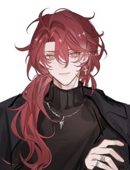 Rule 34 | 1boy, argenti (honkai: star rail), black jacket, black shirt, commentary request, cross, cross earrings, crossed arms, earrings, highres, honkai: star rail, honkai (series), jacket, jewelry, male focus, necklace, parted hair, piercing, ponytail, red hair, shirt, simple background, solo, suit jacket, turtleneck, unfinished, white background, zonega4u