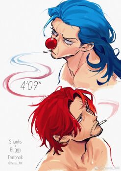 2boys adam's_apple beard blue_eyes blue_hair buggy_the_clown cigarette clown_nose connected_beard facial_hair highres long_hair male_focus multiple_boys one_piece red_hair shanks_(one_piece) short_hair simple_background smoke smoke_trail smoking vamos_mk white_background