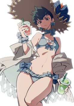 1girl alternate_costume bikini blue_bikini blue_bow blue_choker bow bow_earrings breasts bright_pupils choker cleavage cowboy_shot drink drinking earrings expressionless genderswap genderswap_(mtf) getter_robo gou_saotome green_hair hanahiyo_(hoimin) hand_up hat highres holding holding_drink jacket jewelry knee_up navel off_shoulder shin_getter_robo short_hair small_breasts solo straw_hat sun_hat swimsuit white_jacket white_pupils