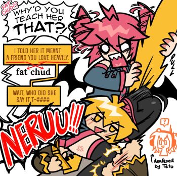 3girls ? @_(symbol) a.i._voice adachi_rei afterimage ahoge akita_neru anger_vein angry arrow_(symbol) bat_wings black_shirt black_sleeves blonde_hair cellphone character_name chibi chibi_inset commentary detached_sleeves drill_hair english_commentary english_text figure_four_leglock flip_phone furious grabbing_another's_hair grapple grey_shirt head_between_thighs headphones highres hitting holding holding_another's_hair holding_phone kasane_teto kasane_teto_(utau) long_hair motion_blur multiple_girls necktie nyapurrlitan o_o omake open_mouth phone red_hair sharp_teeth shirt short_hair shouting speech_bubble spoken_question_mark teeth triangle_mouth twin_drills utau v-shaped_eyebrows very_long_hair vocaloid white_eyes wings yellow_eyes yellow_necktie