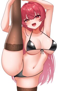 1girl absurdres bikini black_bikini black_thighhighs blush breasts front-tie_bikini_top front-tie_top heterochromia highres hololive houshou_marine large_breasts long_hair navel open_mouth red_eyes red_hair simple_background smile solo split standing standing_on_one_leg standing_split swimsuit thighhighs virtual_youtuber white_background yellow_eyes zakitaku8311