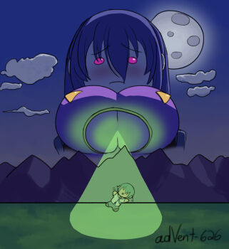 1boy 1girl abduction advent-626 akiyama_rinko alien_abduction artist_name breasts chibi cleavage_cutout clothing_cutout cloud full_body full_moon fuuma_kotarou_(taimanin_series) highres large_breasts looking_at_another moon mountainous_horizon night night_sky outdoors parody sky taimanin_(series) taimanin_rpgx taimanin_yukikaze ufo what