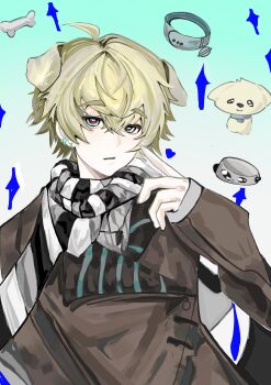 1boy absurdres ahoge animal_collar animal_ears arknights black_scarf blonde_hair blue_eyes bone brown_jacket collar dog dog_boy dog_ears animal_nose gradient_background hair_between_eyes hand_up highres jacket jewelry kulapika58797 looking_at_viewer male_focus messy_hair necklace parted_lips scarf solo star_(symbol) striped_clothes striped_scarf sweater tequila_(arknights) thick_eyebrows tooth_necklace white_scarf white_sweater