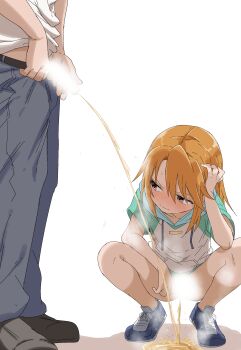 1boy 1girl absurdres aki_(yunkana) blank_censor blue_shoes censored closed_mouth commentary_request hetero highres idolmaster idolmaster_cinderella_girls orange_hair pants pee peeing peeing_together penis_out shoes short_sleeves sneakers squatting yuuki_haru